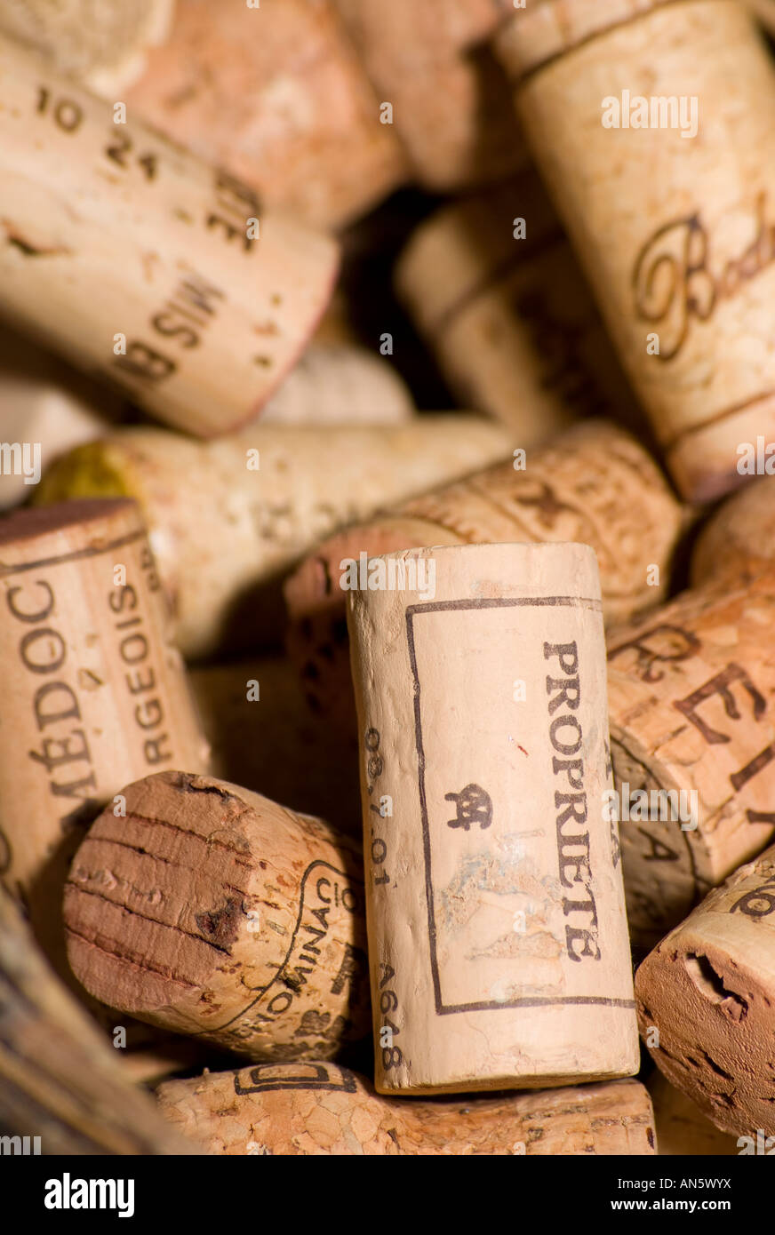 a collection of traditional natural corks from different countries of the World Stock Photo
