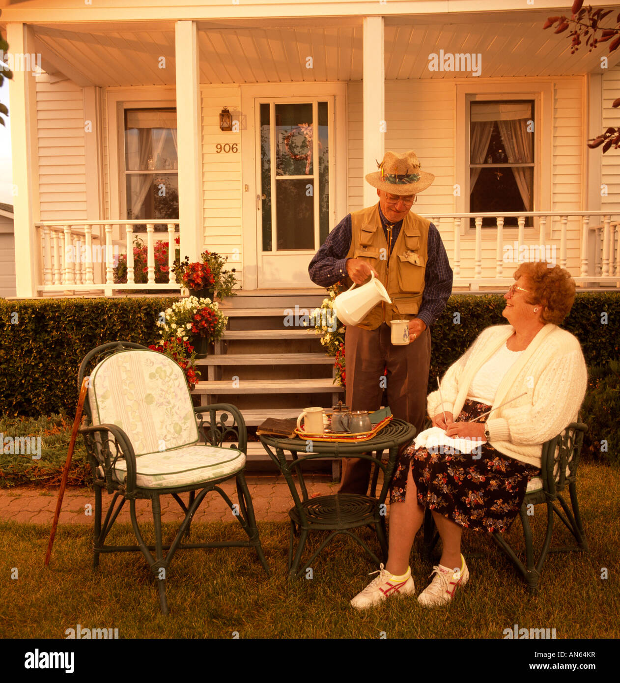 An elderly couple having a cup of coffee Stock Photo