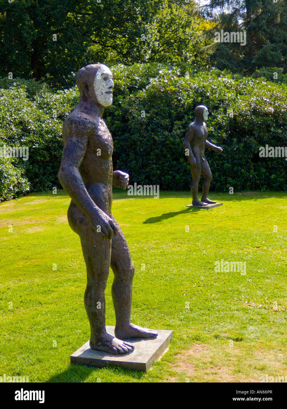 Yorkshire Sculpture PArk Sculpture by Elizabeth Frink painted face inspired by Austrailian Aboriginal art Stock Photo