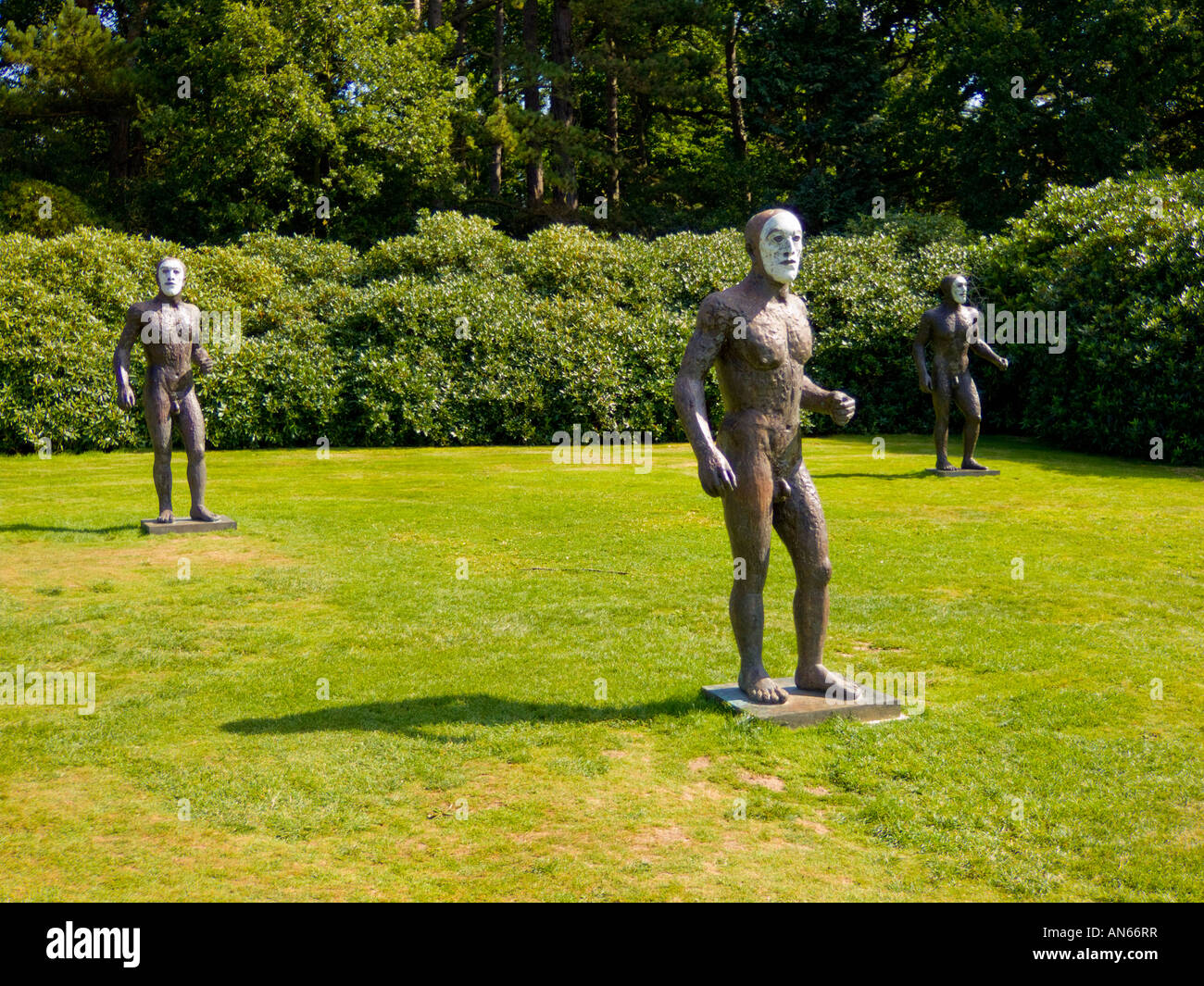 Yorkshire Sculpture PArk Sculpture by Elizabeth Frink painted face inspired by Austrailian Aboriginal art Stock Photo