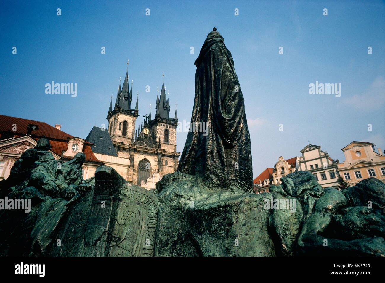 Prague Czech Republic Statue of Jan Hus the gothic Church of Our Lady of Tyn Old Town Square Stock Photo