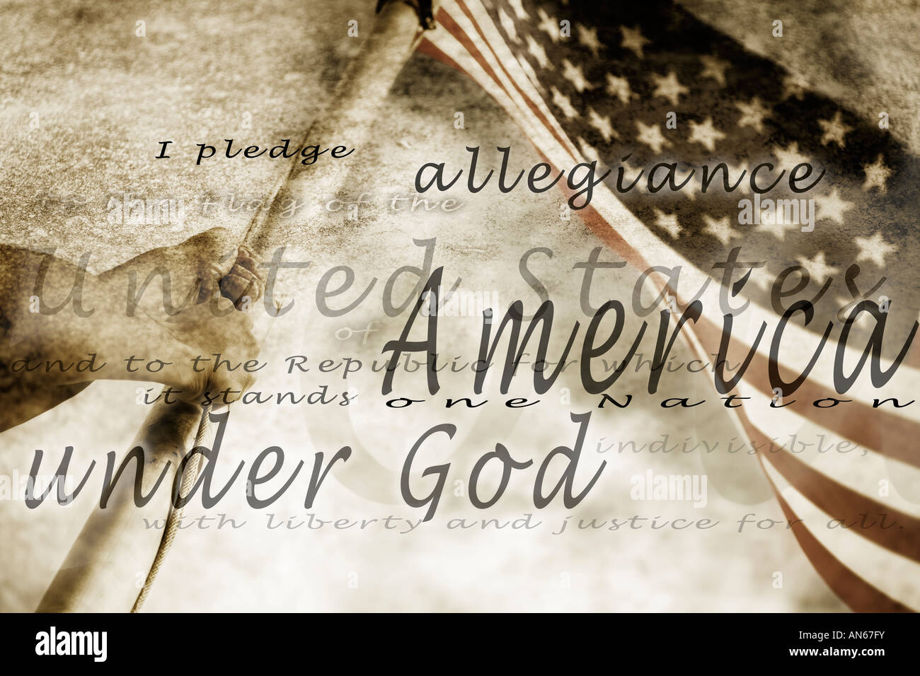 The Pledge of Allegiance and an American flag Stock Photo