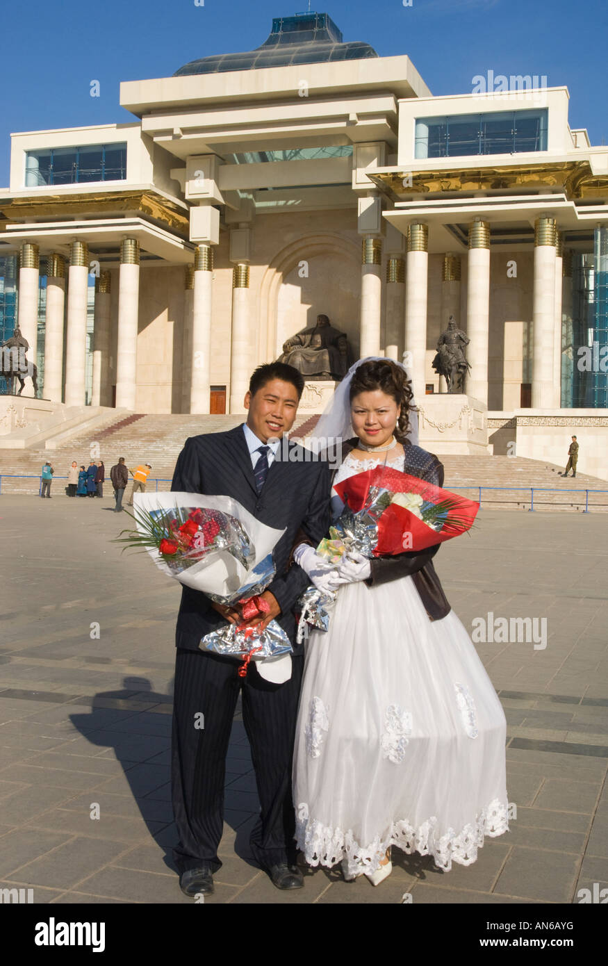Mongolia Ulaanbaatar Sukhbaatar square couple celebrating wedding Stock