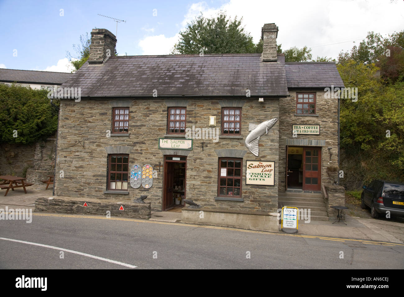 The Sa mon Leap fishing tackle shop Cenarth Wales with metal salmon on
