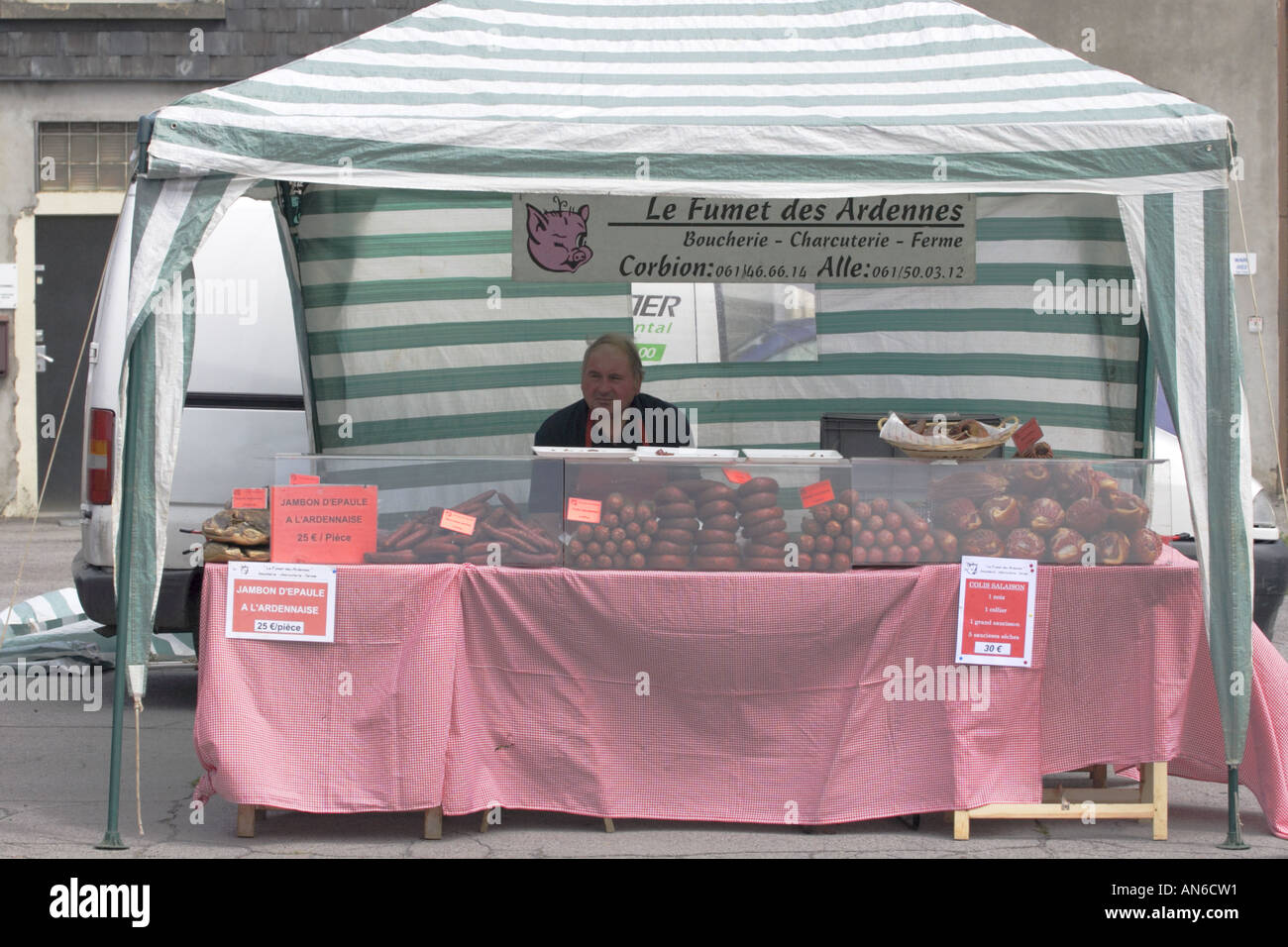 Stall selling meat products from the Ardennes region in the Province of Luxembourg South Belgium Stock Photo