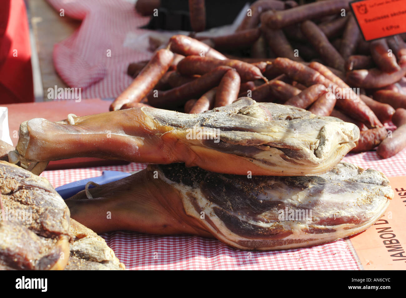 Ardennes ham on a market stall in the Province of Luxembourg in South Belgium Stock Photo