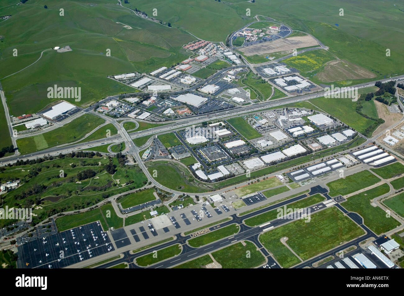 aerial above Livermore California at airport and interstate 580 Stock