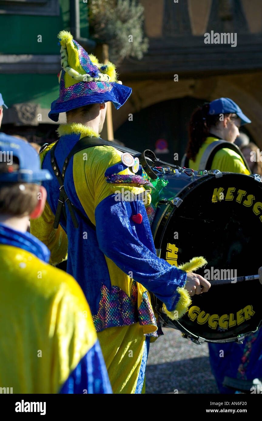 Musician playing bass drum, carnival parade, Strasbourg, Alsace, France, Europe Stock Photo