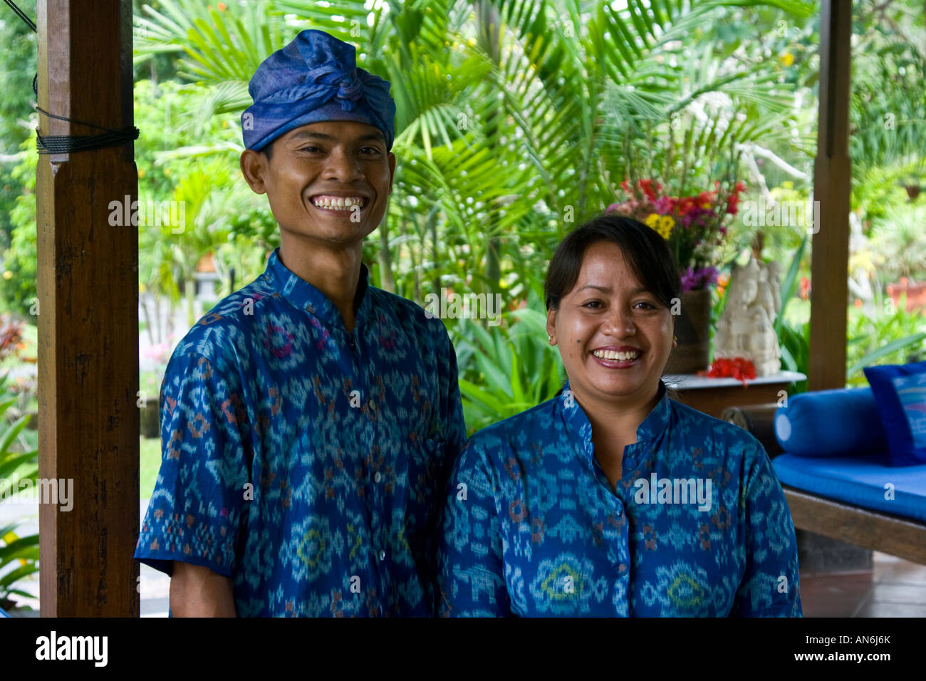 Smiling Staff at Alam Shanti an Upscale Hotel in Ubud Bali Indonesia Stock Photo