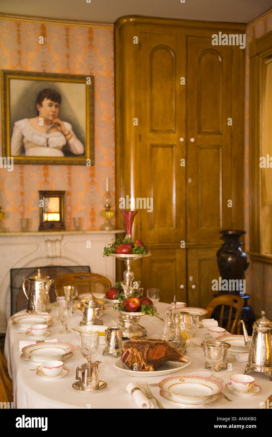 ILLINOIS Galena Dining room set table in interior of home of Ulysses S Grant portrait of first lady Julia Dent Grant Stock Photo