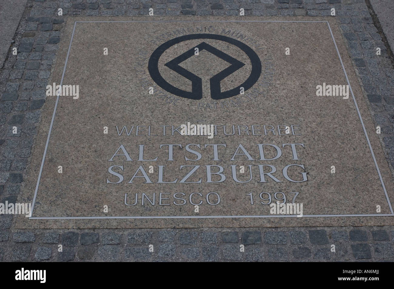 Austria Salzburg old city UNESCO World Heritage Site sign Stock Photo