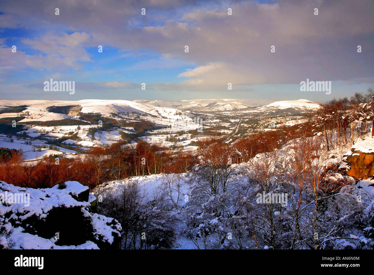 Winter Snowy view to Hathersage from Surprise view Peak District