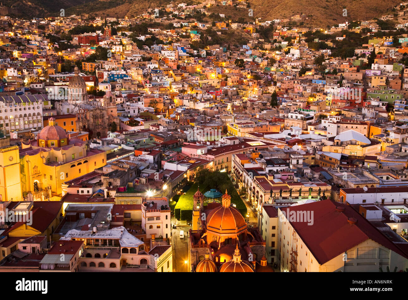 MEXICO Guanajuato Aerial view of center of town El Jardin Templo de San Diego at night from el Pipila overlook downtown Stock Photo