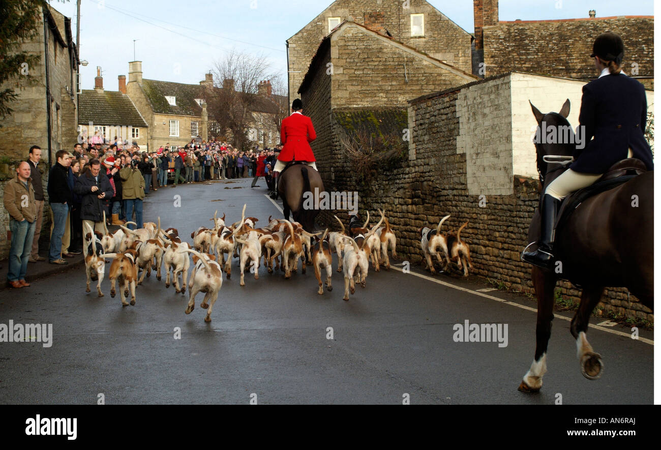 Woodland Pytchley Hunt Members at Brigstock Village Northamptonshire England UK Boxing Day Meeting Stock Photo