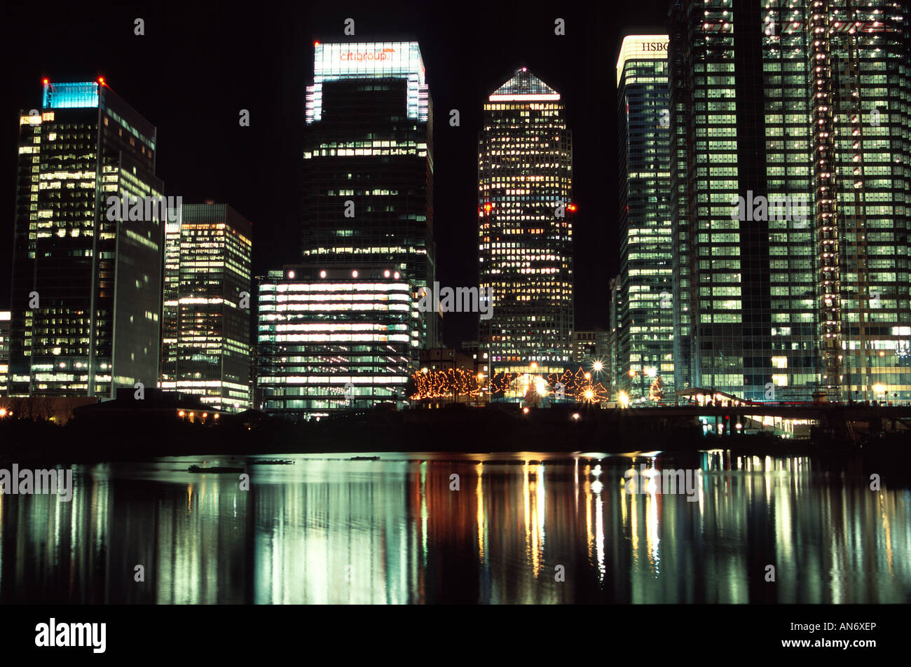 london docklands canary wharf high rise tower blocks night reflections ...