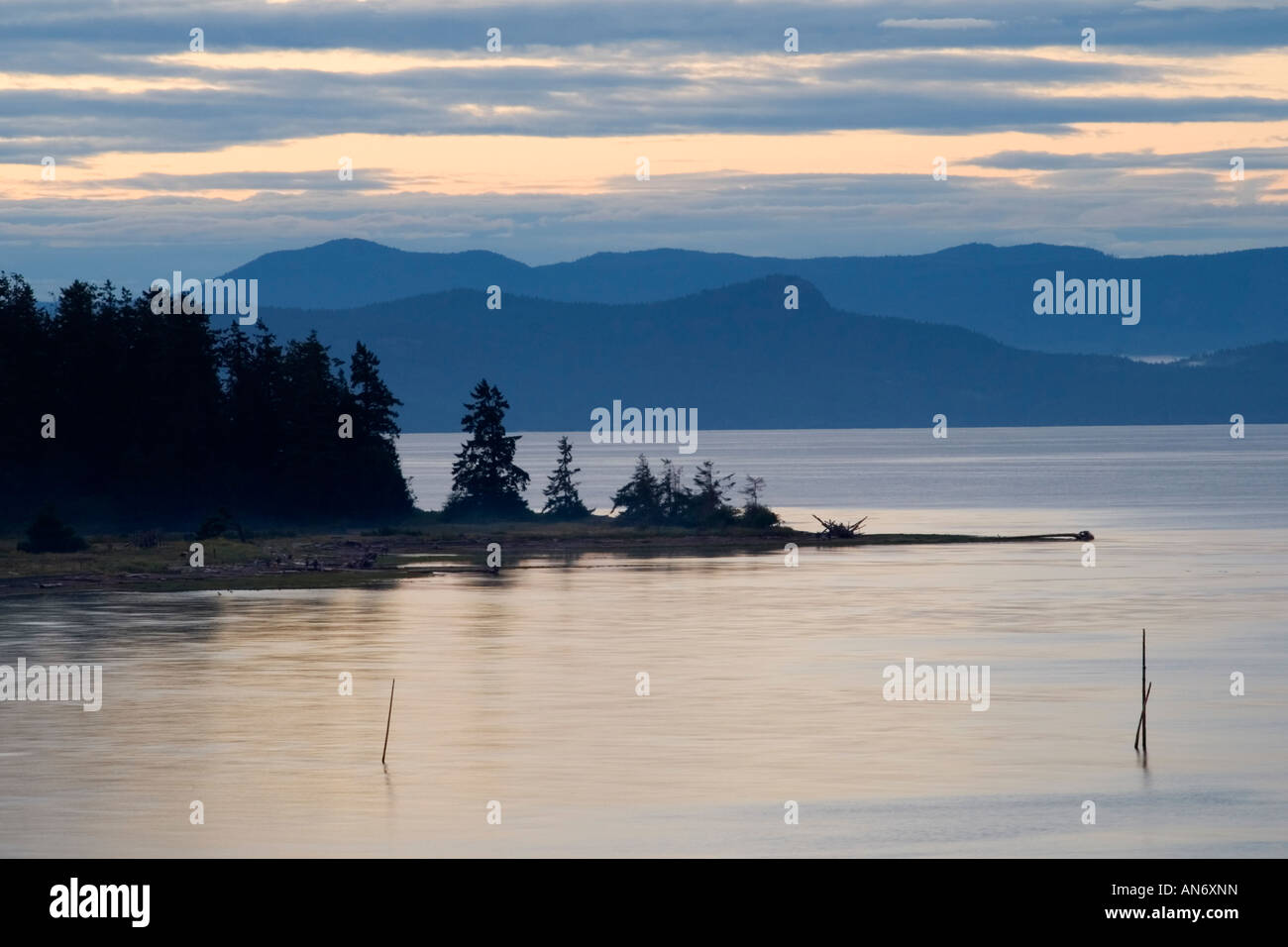 Coastal view of Strait of Georgia at dusk, Parksville, Vancouver Island, British Columbia, Canada Stock Photo