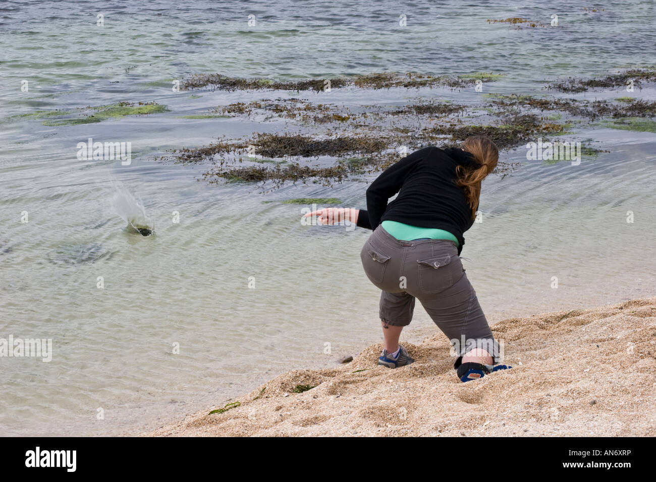 Woman skimming stones on Galway Bay, Ireland Stock Photo Alamy