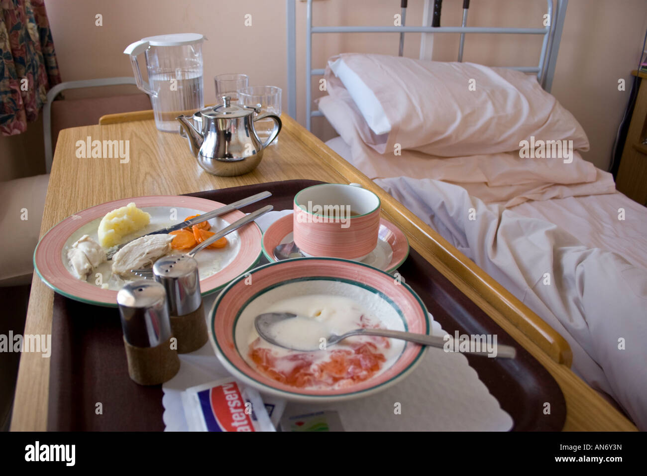 Hospital food on bed tray in ward Stock Photo Alamy