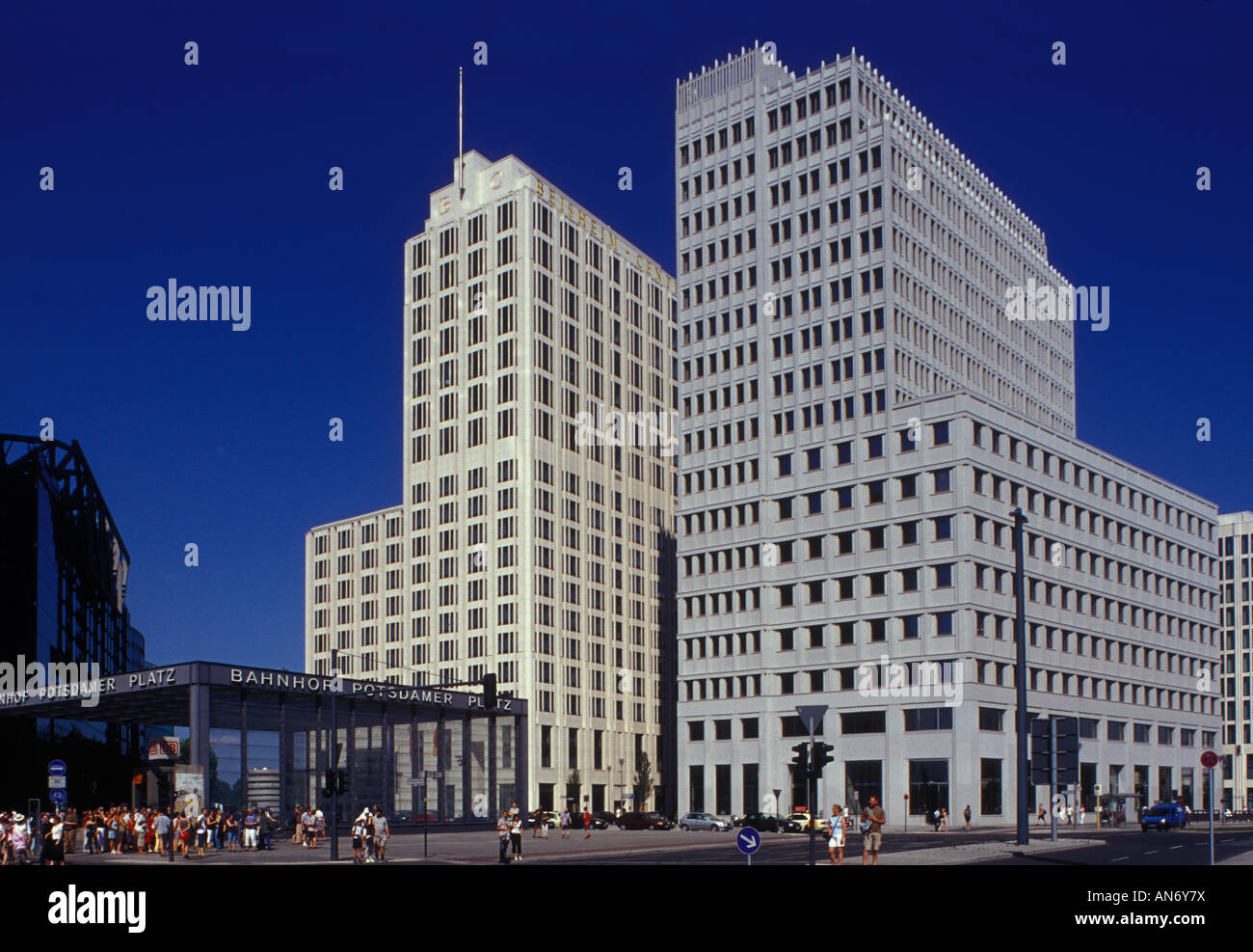Berlin. Potsdamer Platz. Ritz Carlton Hotel and Beisheim Center. High-rise  buildings. U-Bahnstation Potsdamer Platz. Stock Photo