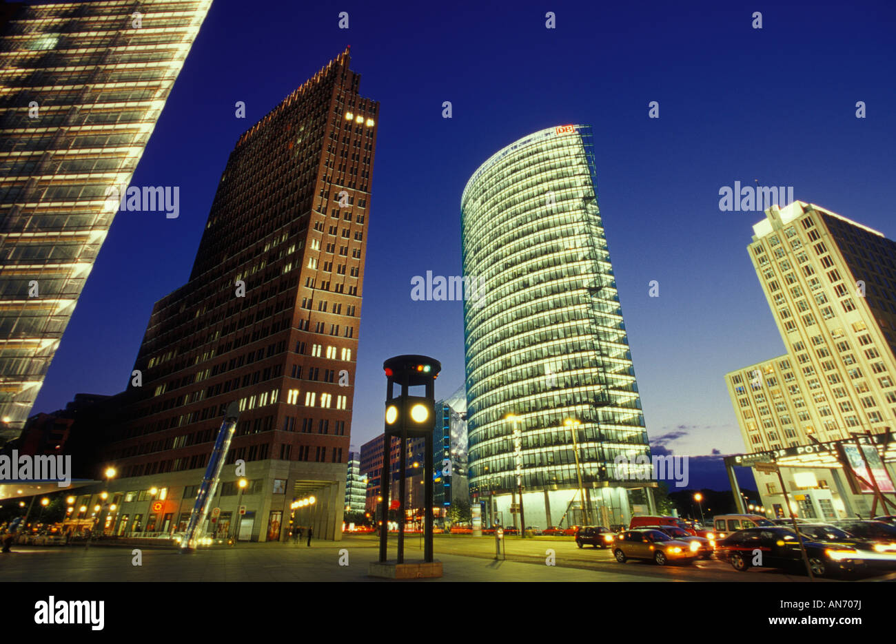 High rise buildings at Potsdamer Platz by night. Office buildings. Berlin Tiergarten. Berlin. Germany. Europe. Stock Photo