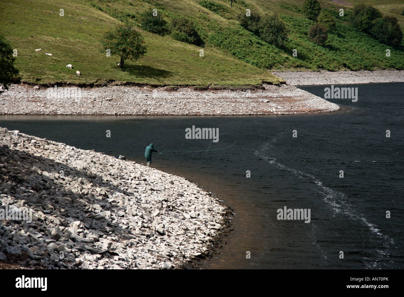 Man fly fishing at Grwyne Fawr Reservoir, Black Mountains, Powys, Wales, UK. Stock Photo
