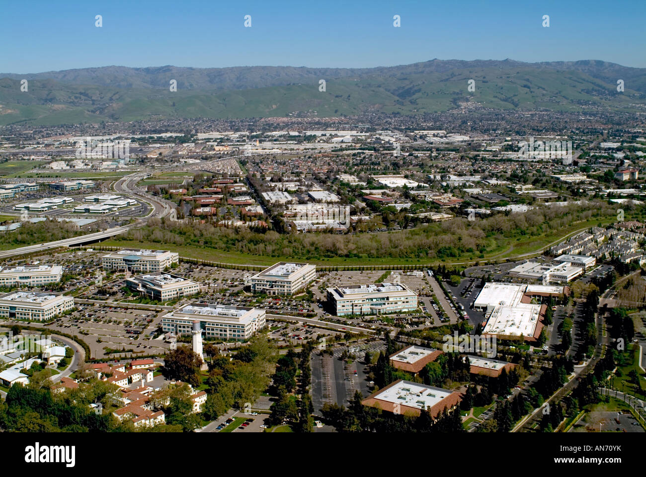 aerial view above Silicon Valley California north San Jose Stock Photo