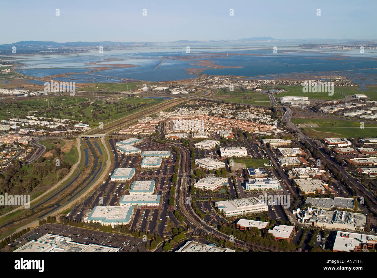 aerial view above Silicon Valley office buildings northern California Stock Photo