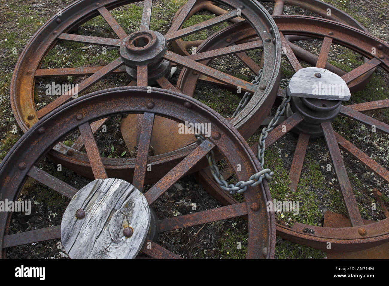 Metal wheels from an abandoned mine, Blomstrandhalvoya, Spitsbergen, Svalbard Stock Photo