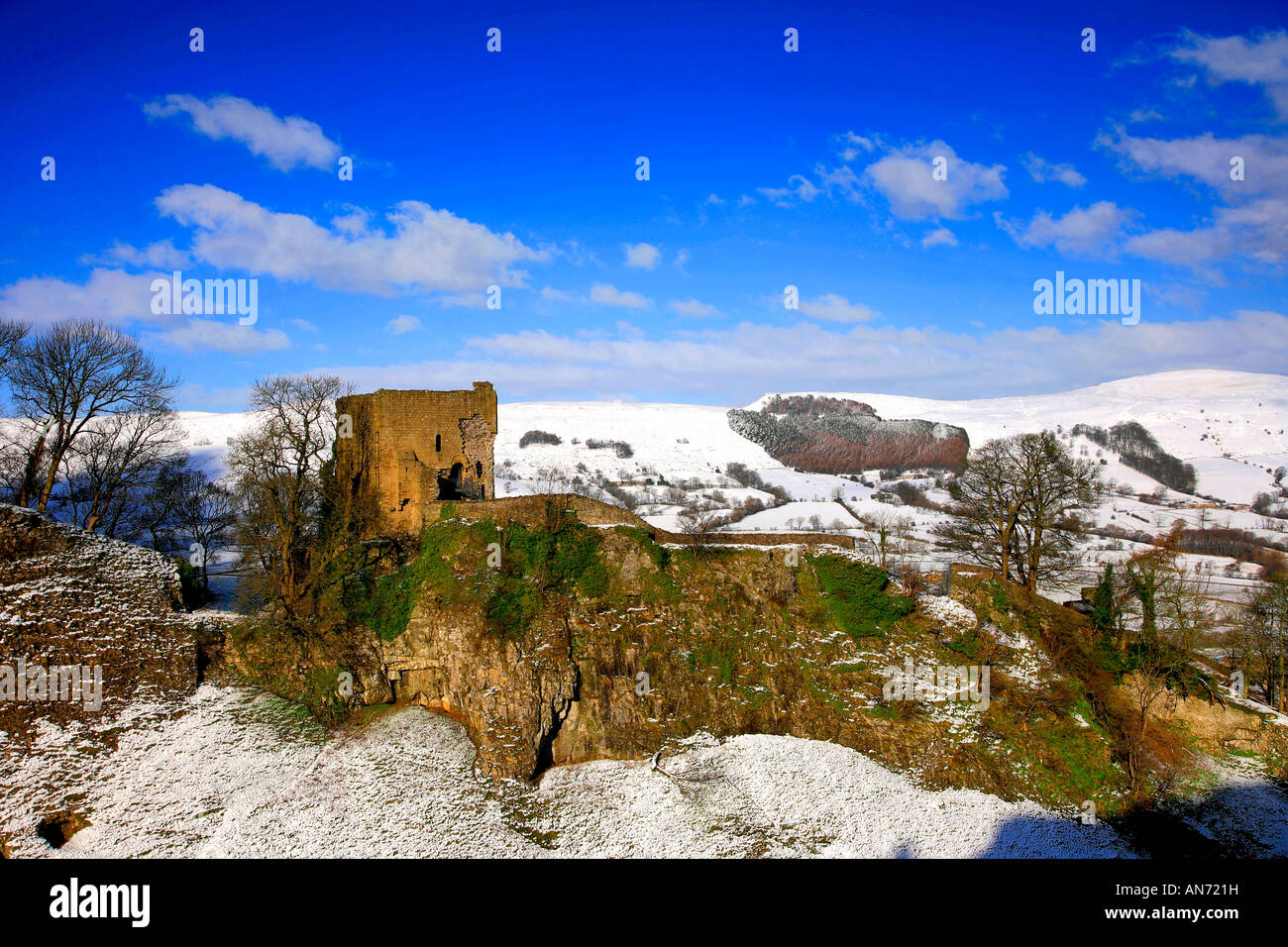 Ruins of Peveril Castle Castleton village Hope valley Peak District National Park Derbyshire England Britain UK Stock Photo