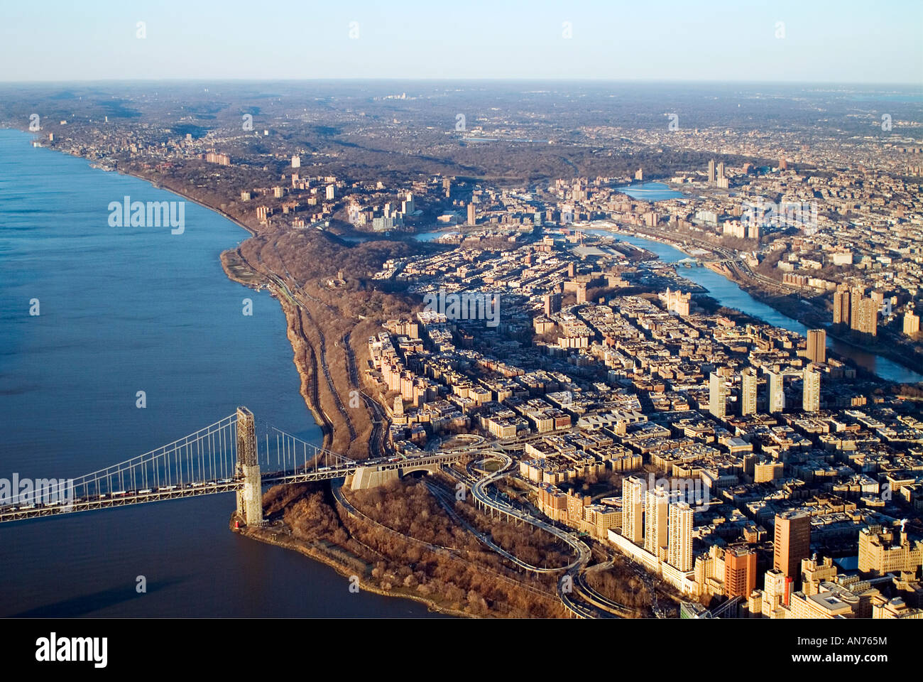 aerial view above Washington bridge, Bronx, Manhattan, New York