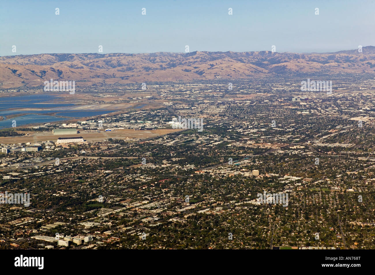 aerial view above Silicon Valley California from Mountain View to east Stock Photo