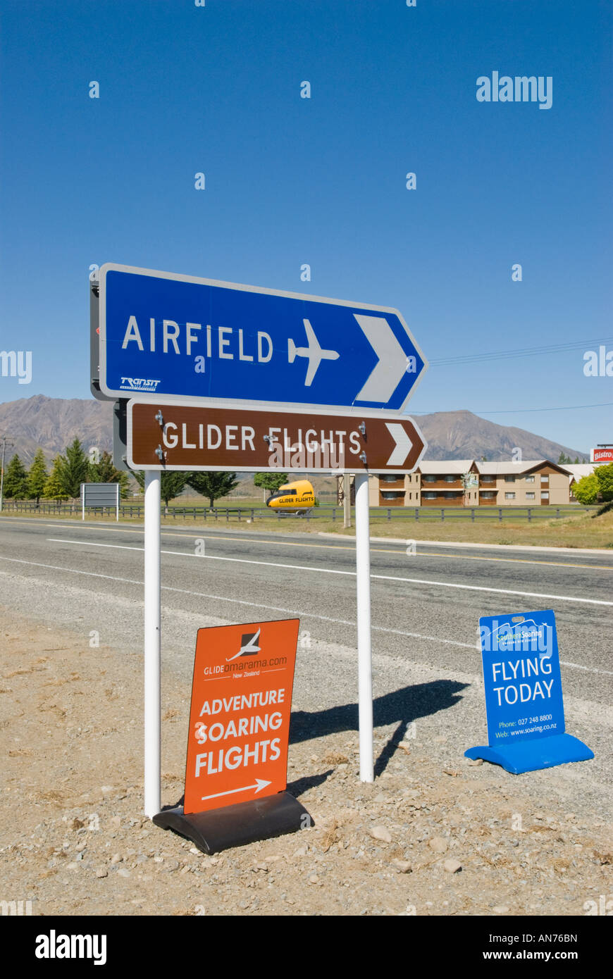 Glider flights signs at world renowned Omarama Airfield in New Zealands