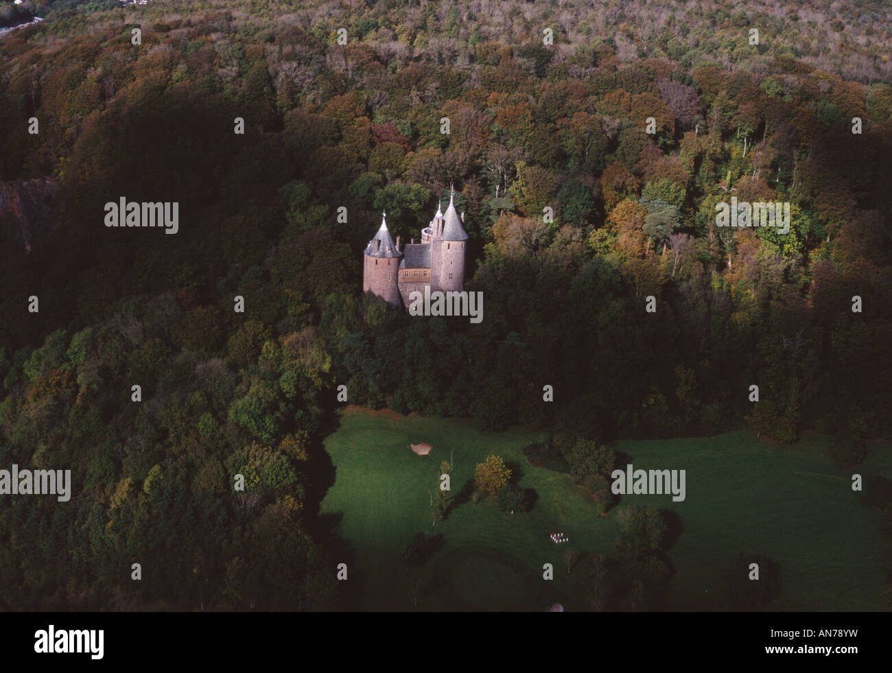 Aerial view Castell Coch in autumn Tongwynlais Cardiff South Wales UK Stock Photo
