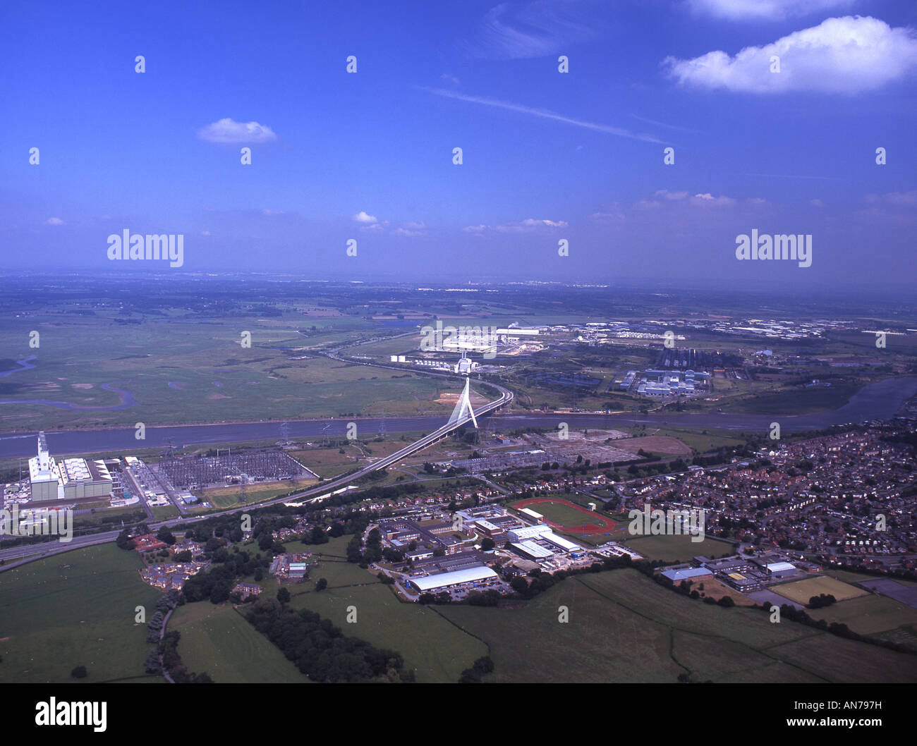 Aerial view of Dee estuary and bridge from Welsh side Flintshire North East Wales UK Stock Photo
