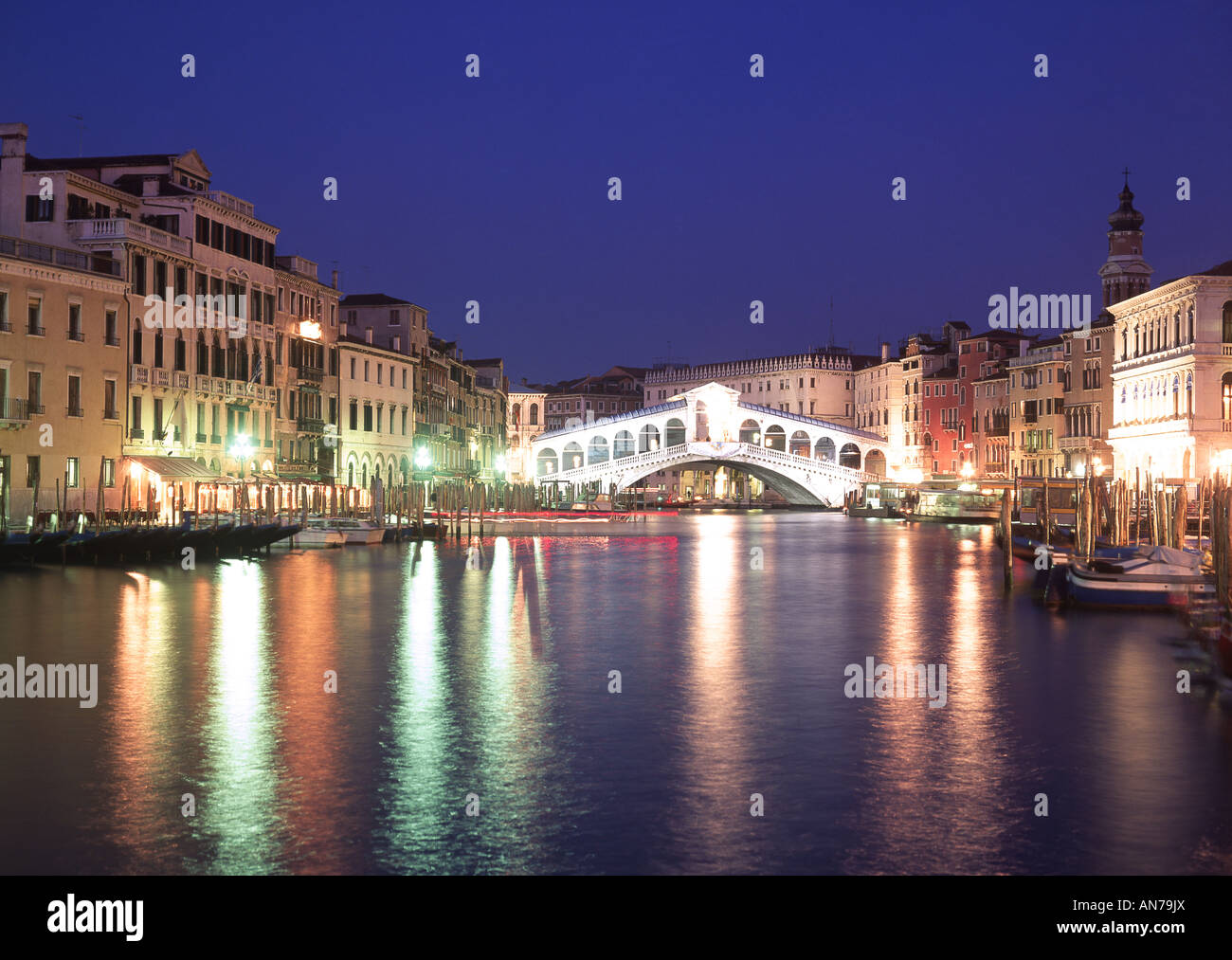 Rialto Bridge and Grand Canal at night January 19th 2004 Venice Veneto Italy Stock Photo