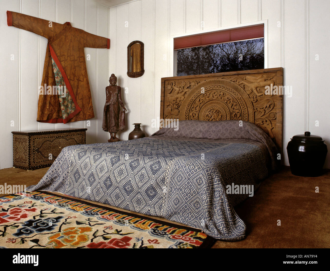 BEDROOM with ASIAN MOTIF Antique Tibetan silk robe carpet ...