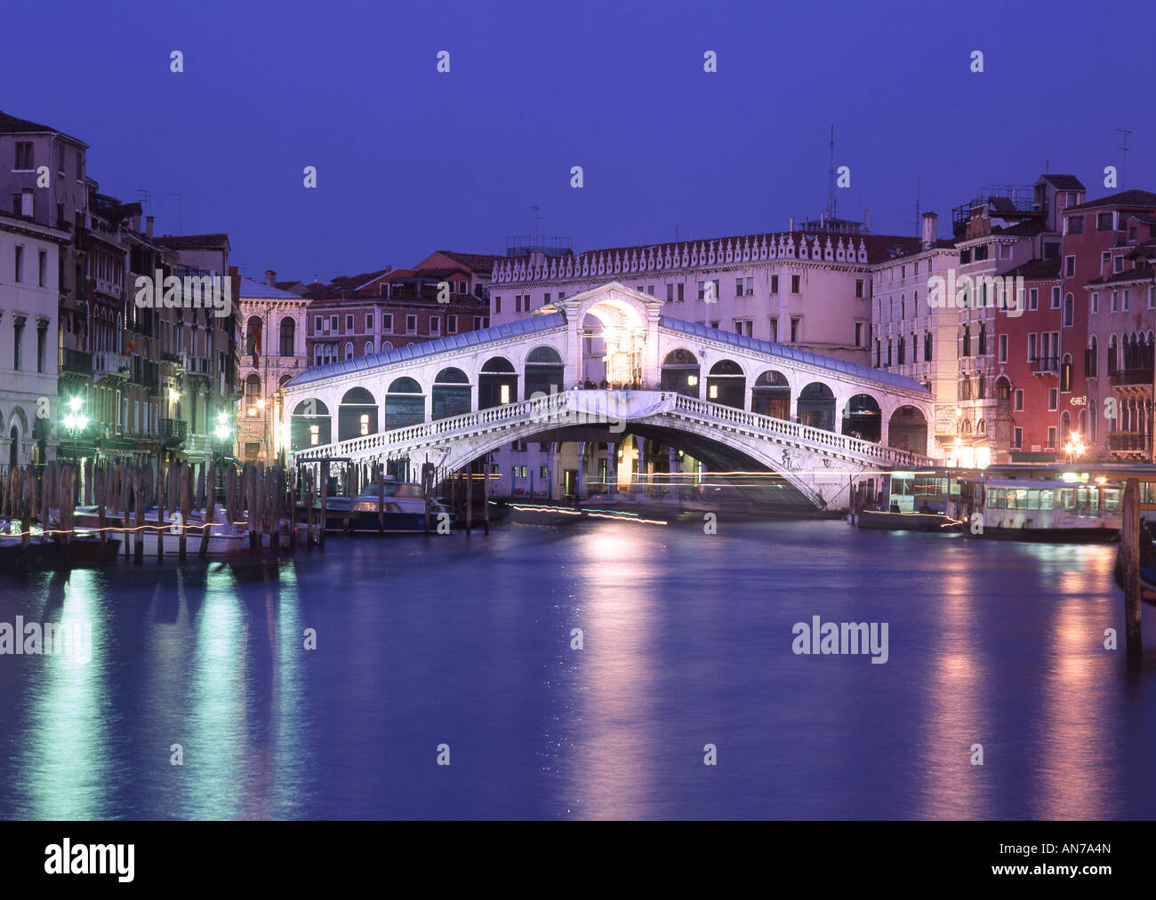 Rialto Bridge and Grand Canal Night view Venice Veneto Italy Stock Photo
