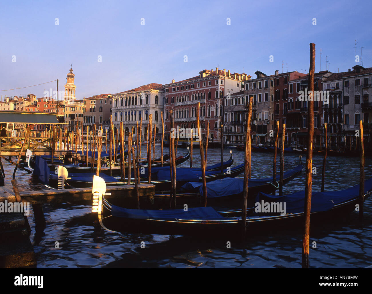 Gondolas on Grand Canal Near Rialto Bridge Evening light Venice Veneto Italy Stock Photo