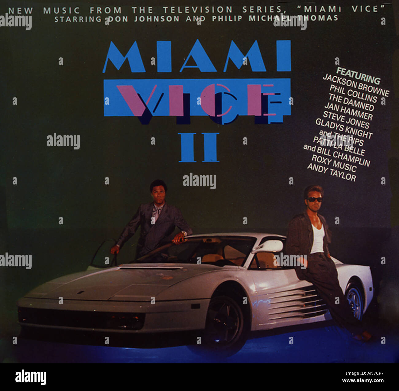 MIAMI VICE LP of music from the US TV series with Don Johnson at right and Philip Michael Thomas Stock Photo