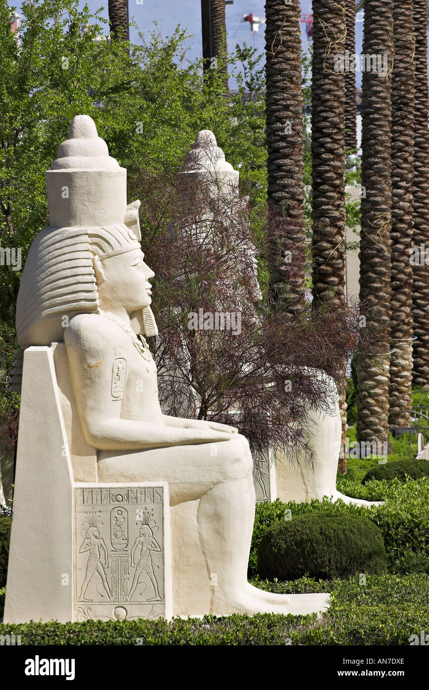 Egyptian inspired statuary decorates the grounds of the Las Vegas
