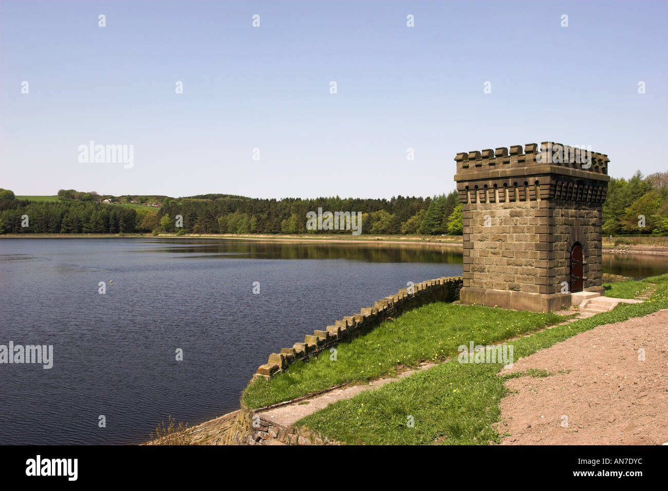 Tower on the Turton and Entwistle reservoir on the West Pennine Moors in Lancashire Stock Photo
