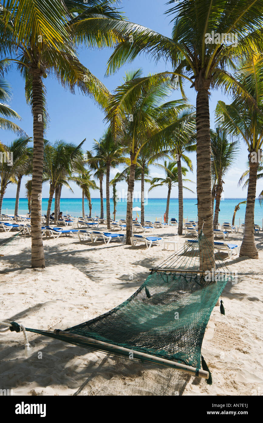 Hammock on Beach outside Riu Palace Riviera Maya Hotel, Playacar, Playa del Carmen, Riviera Maya, Yucatan Peninsula, Quintana Ro Stock Photo