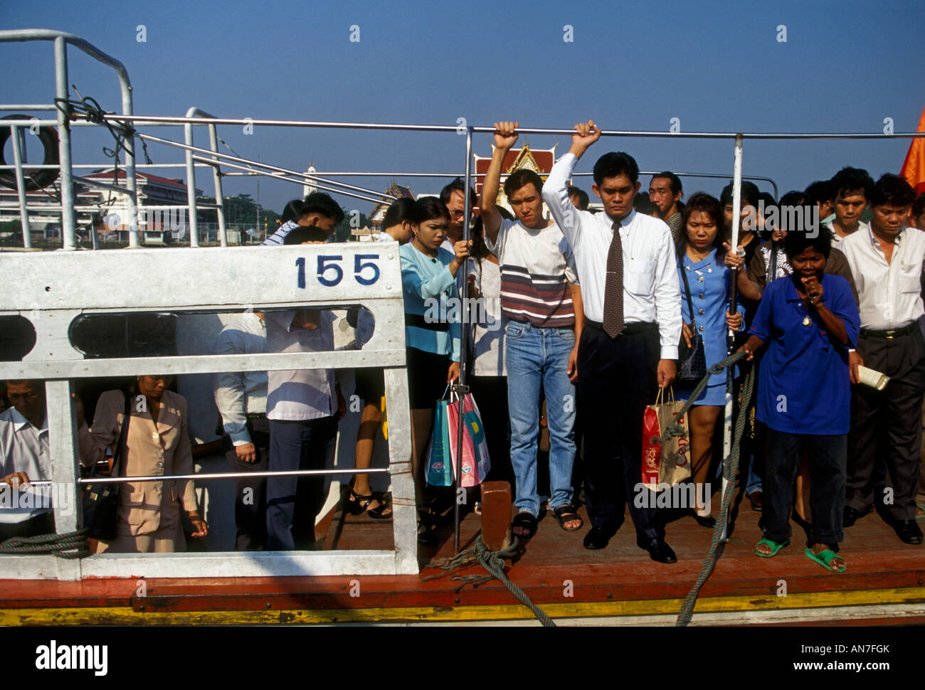 Thai people, ferry passengers, commuters, riding ferry, ferry ride, Chao Phraya River, Bangkok, Bangkok Province, Thailand, Southeast Asia, Asia Stock Photo