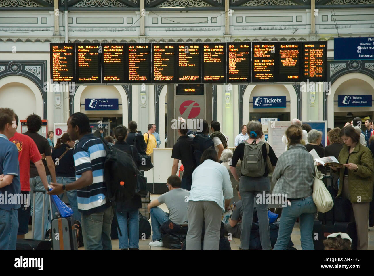 Delayed train passengers at Paddington rail station due to major line