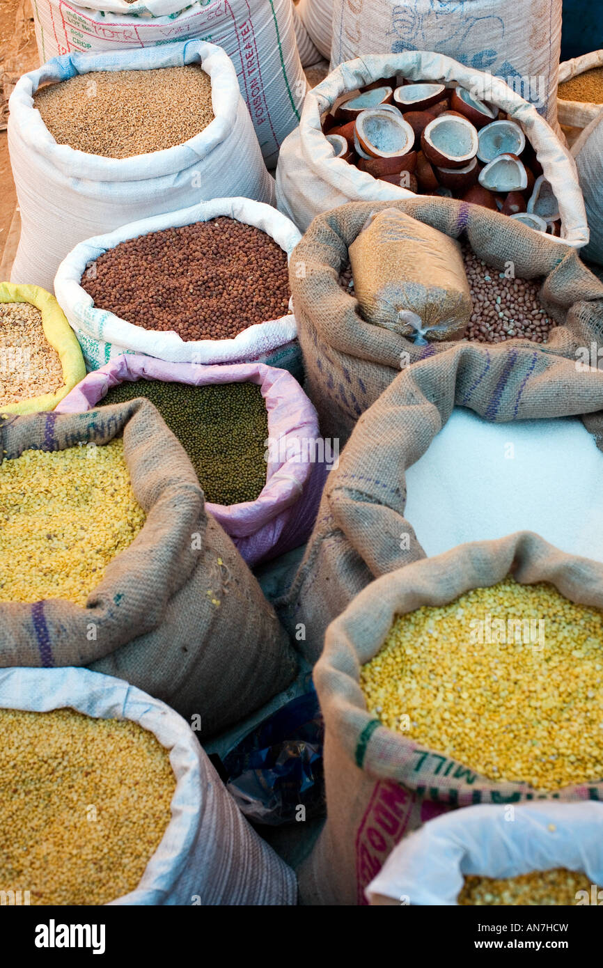Sacks of wholesale indian goods at the market. Puttaparthi, Andhra Pradesh, India Stock Photo