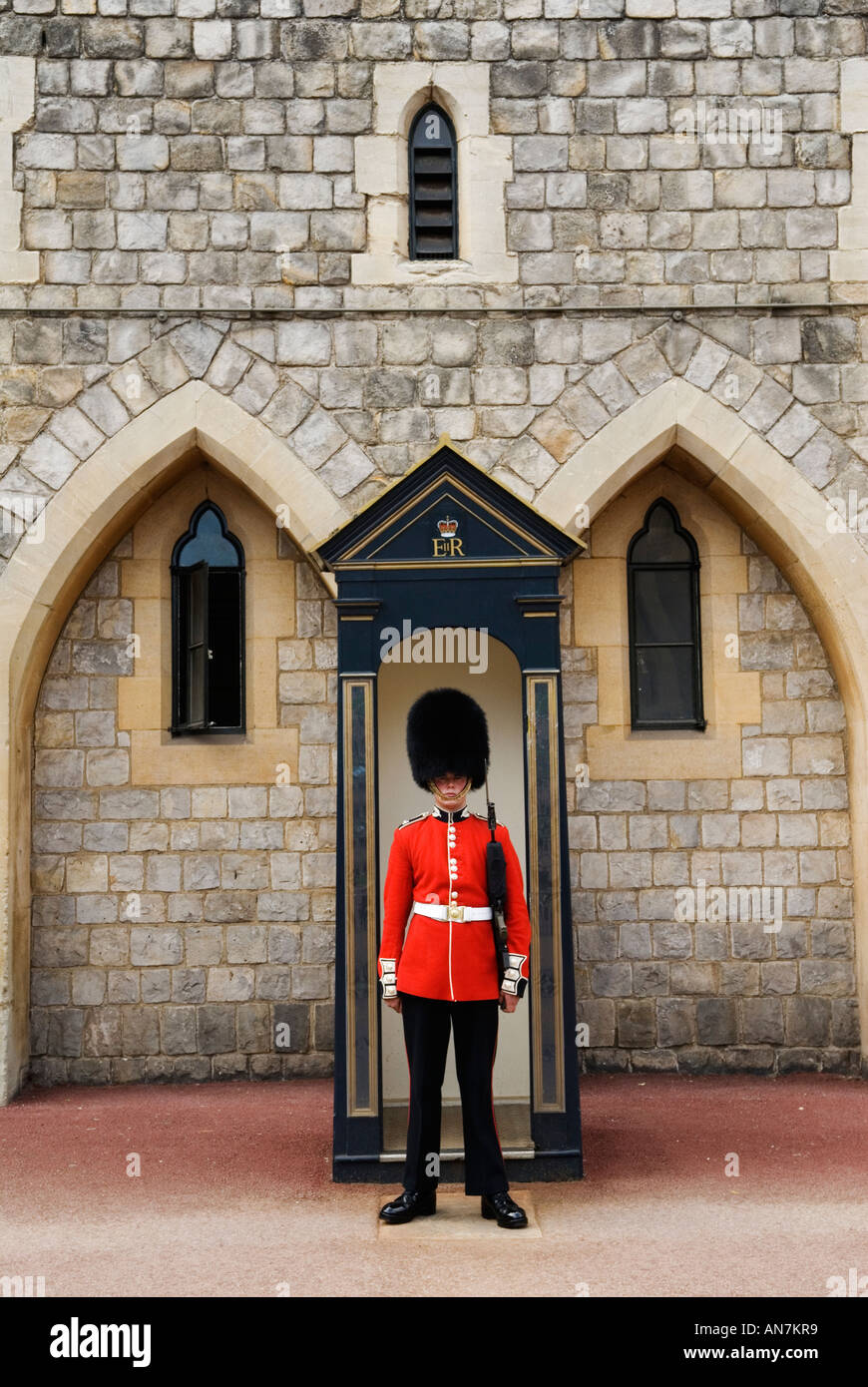 Guard on sentry duty standing in a sentry box standing to attention at ...