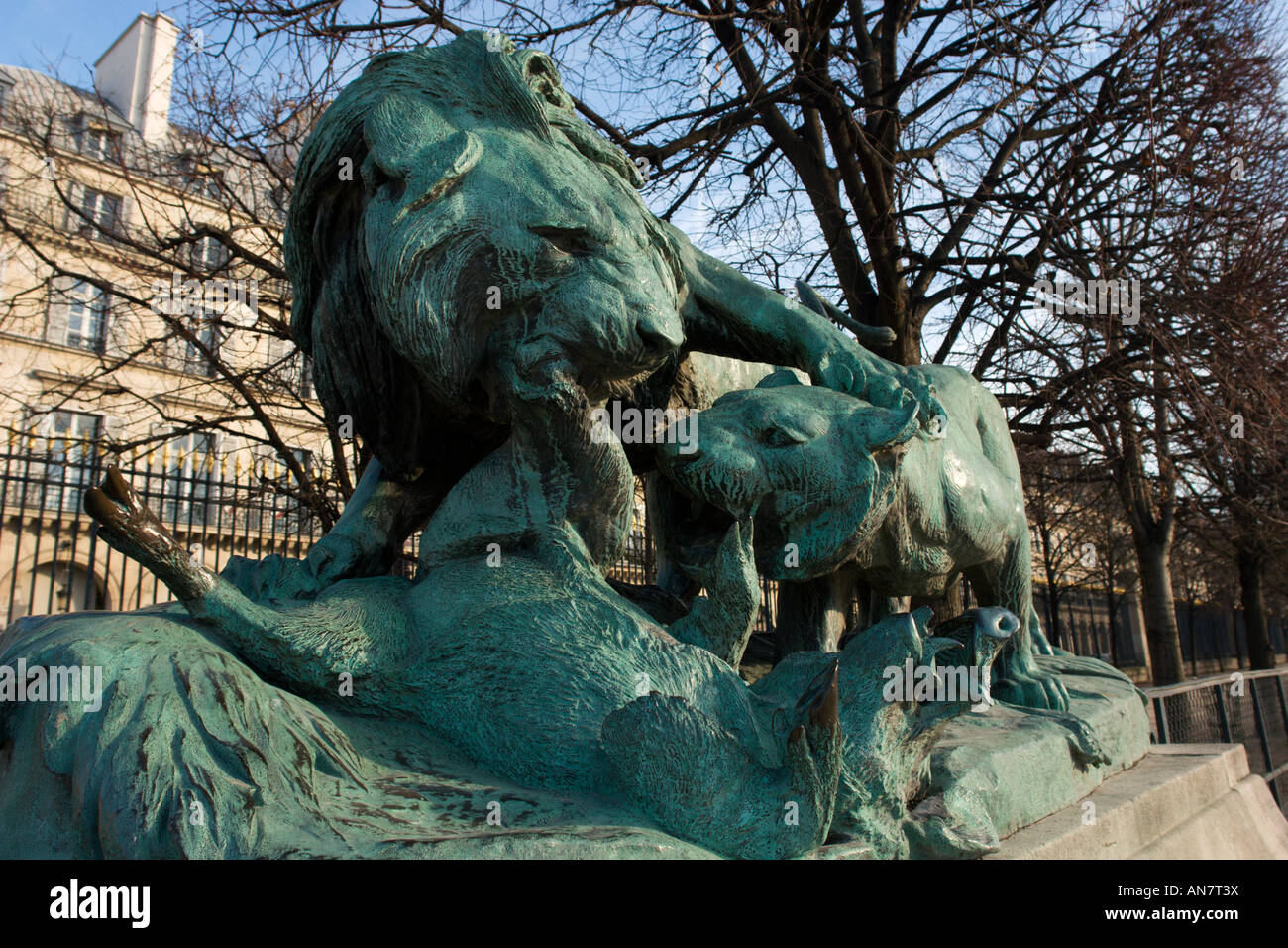 Statue of lions attacking a hog at Jardin des Tuileries Paris France Stock Photo