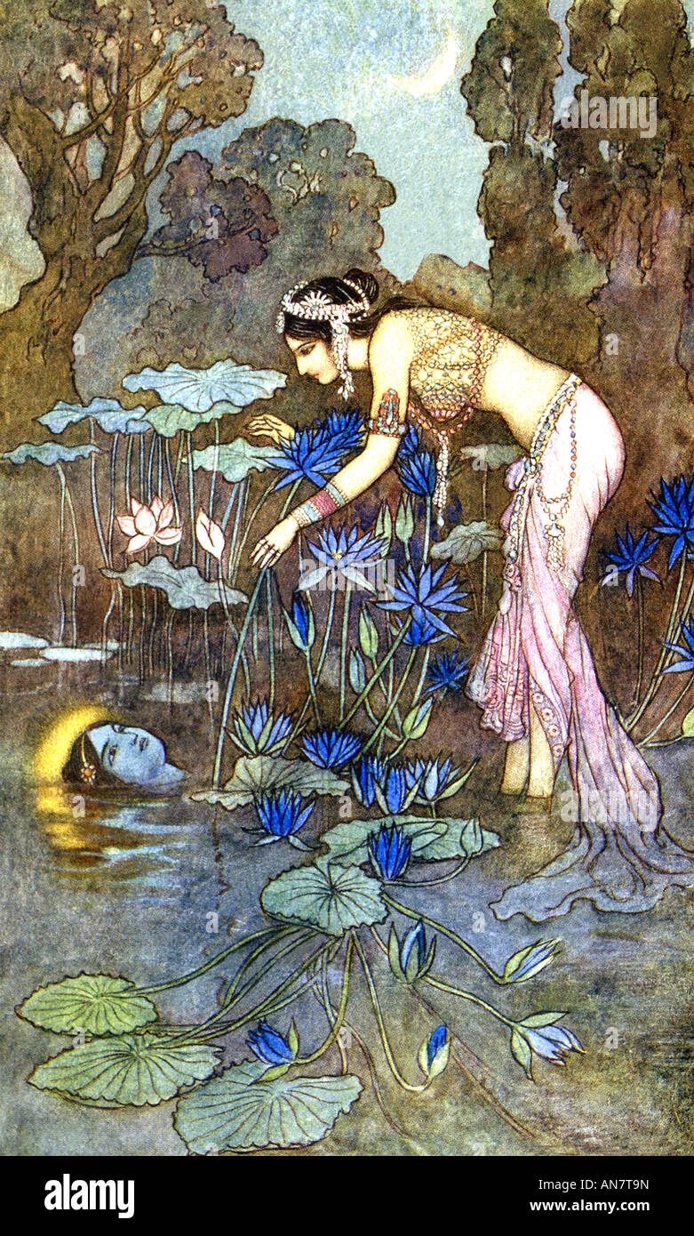 Sita finds the Indian hero Rama, her husband, among the Lotus Blossoms. Stock Photo