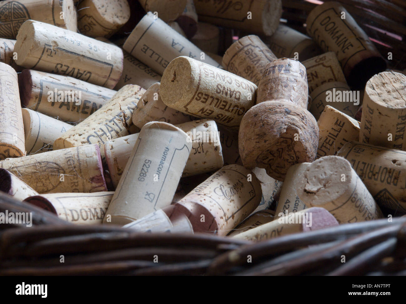 Wine bottle corks in a basket Stock Photo