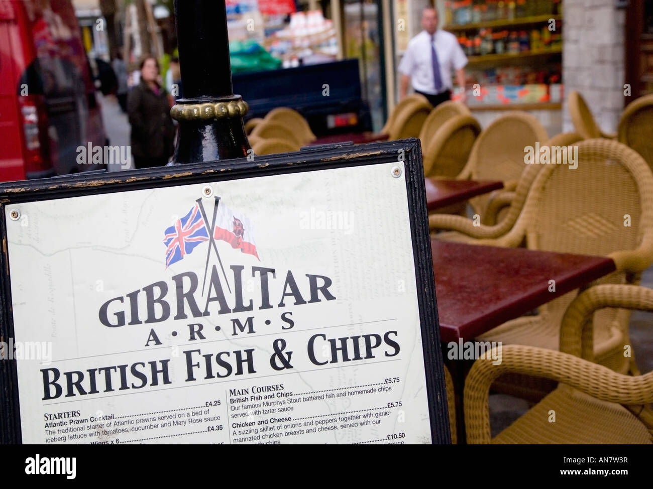 Gibraltar British Fish Chips menu outside Gibraltar Arms on Main Street Stock Photo Alamy